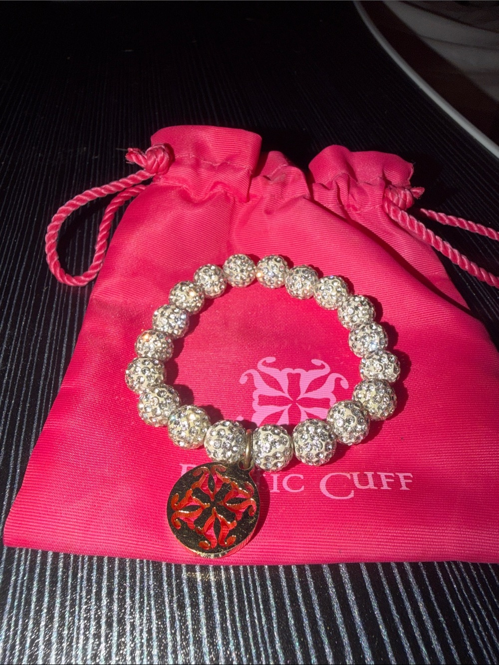 Rustic Cuff Sparkling Crystal Ball Bracelet with Gold RC Charm